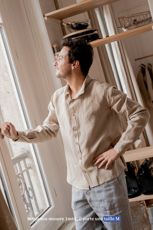 Chemise en lin beige pour homme col boutonné - Made in France