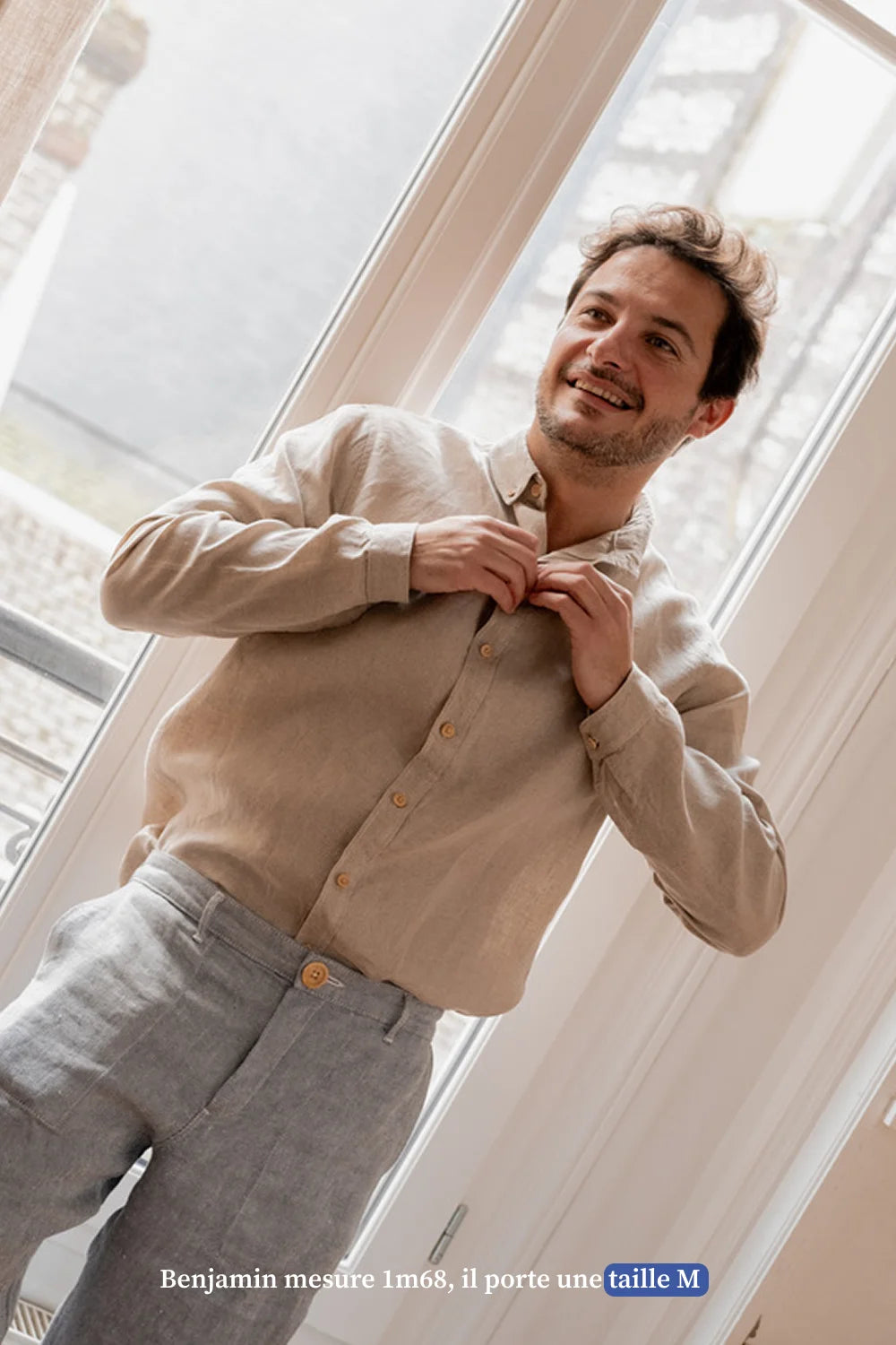 Chemise en lin beige pour homme col boutonné - Made in France