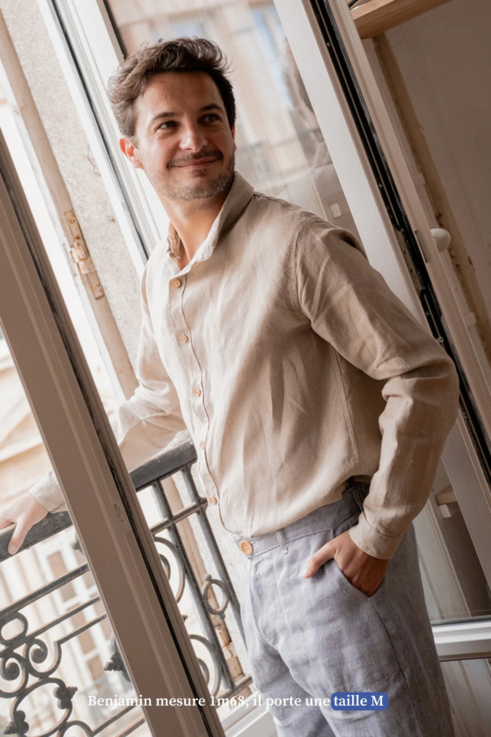 Chemise en lin beige pour homme col boutonné - Made in France