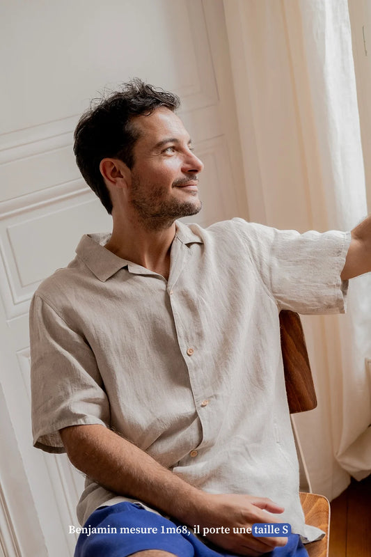 Chemise manches courtes beige en lin pour homme - vetement Made in France
