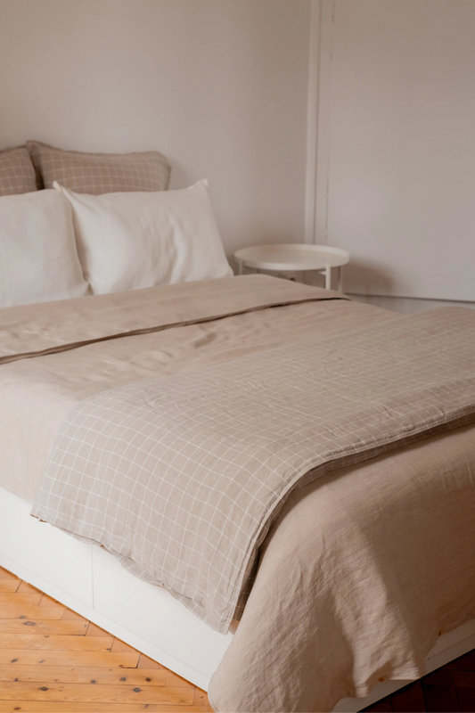 Edredon en lin carreaux beige - linge de lit en lin made in france