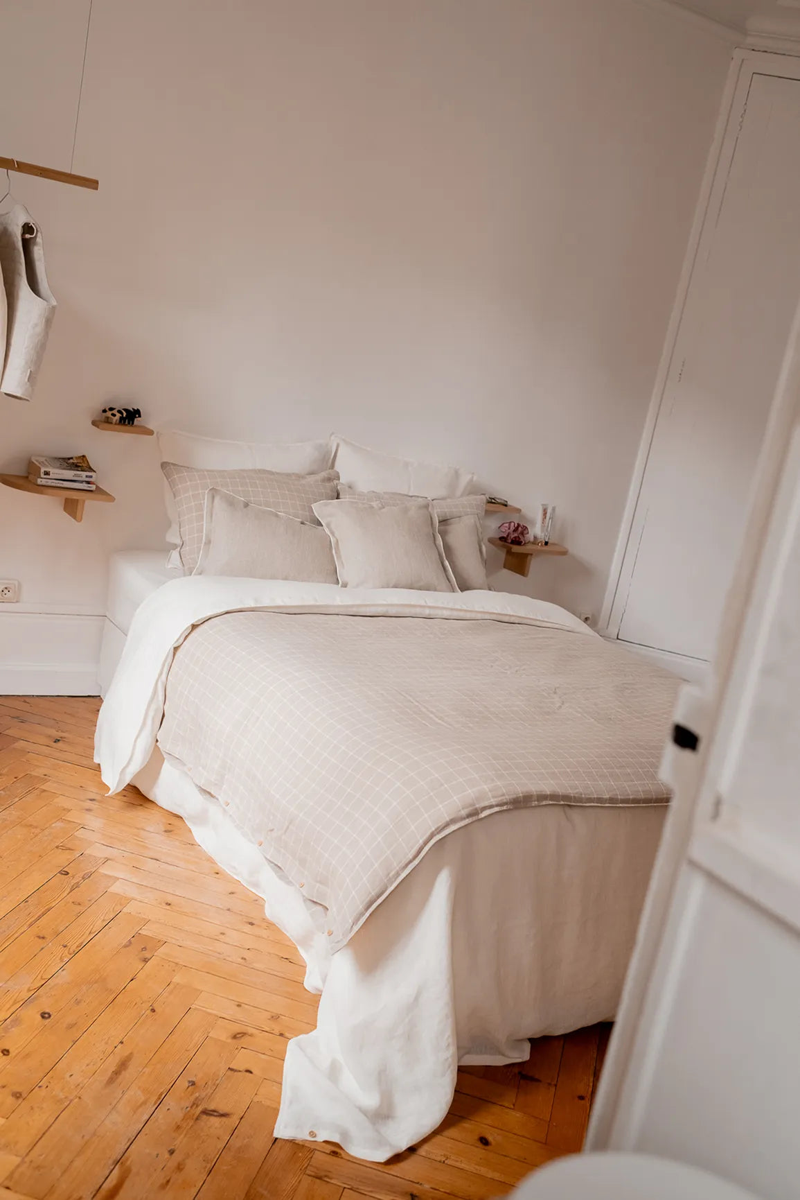 Edredon en lin carreaux beige - linge de lit en lin made in france