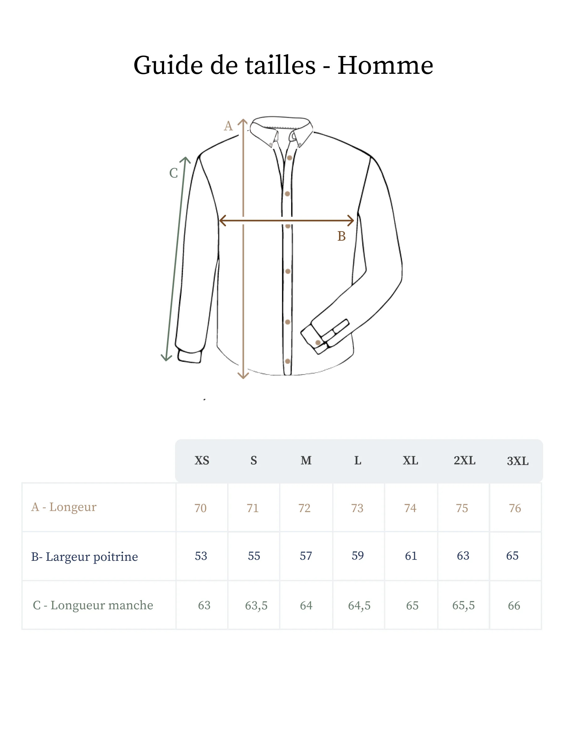 Guide des tailles chemises en lin col boutonné