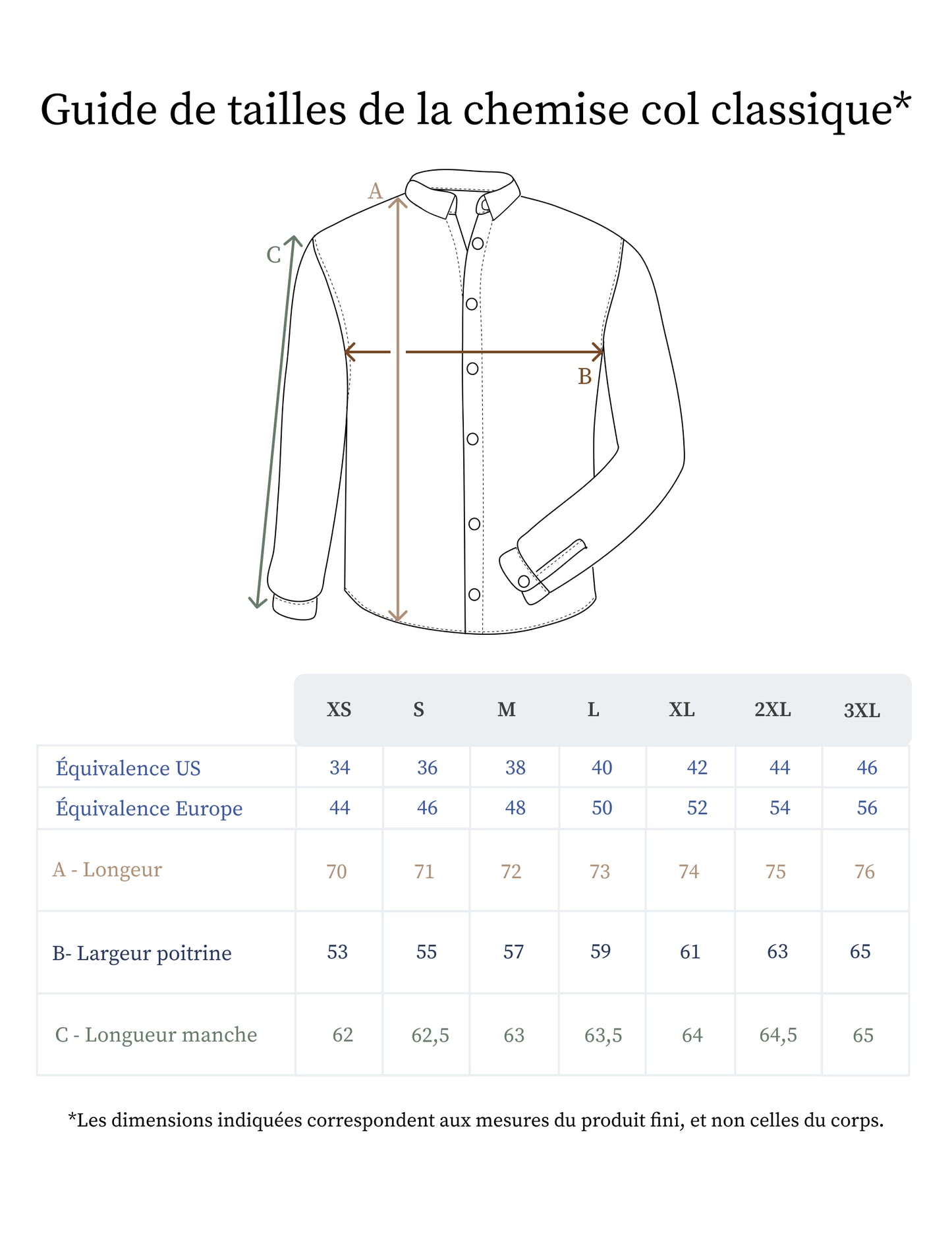 Guide des tailles de la chemise en lin col classique pour homme - Made in France