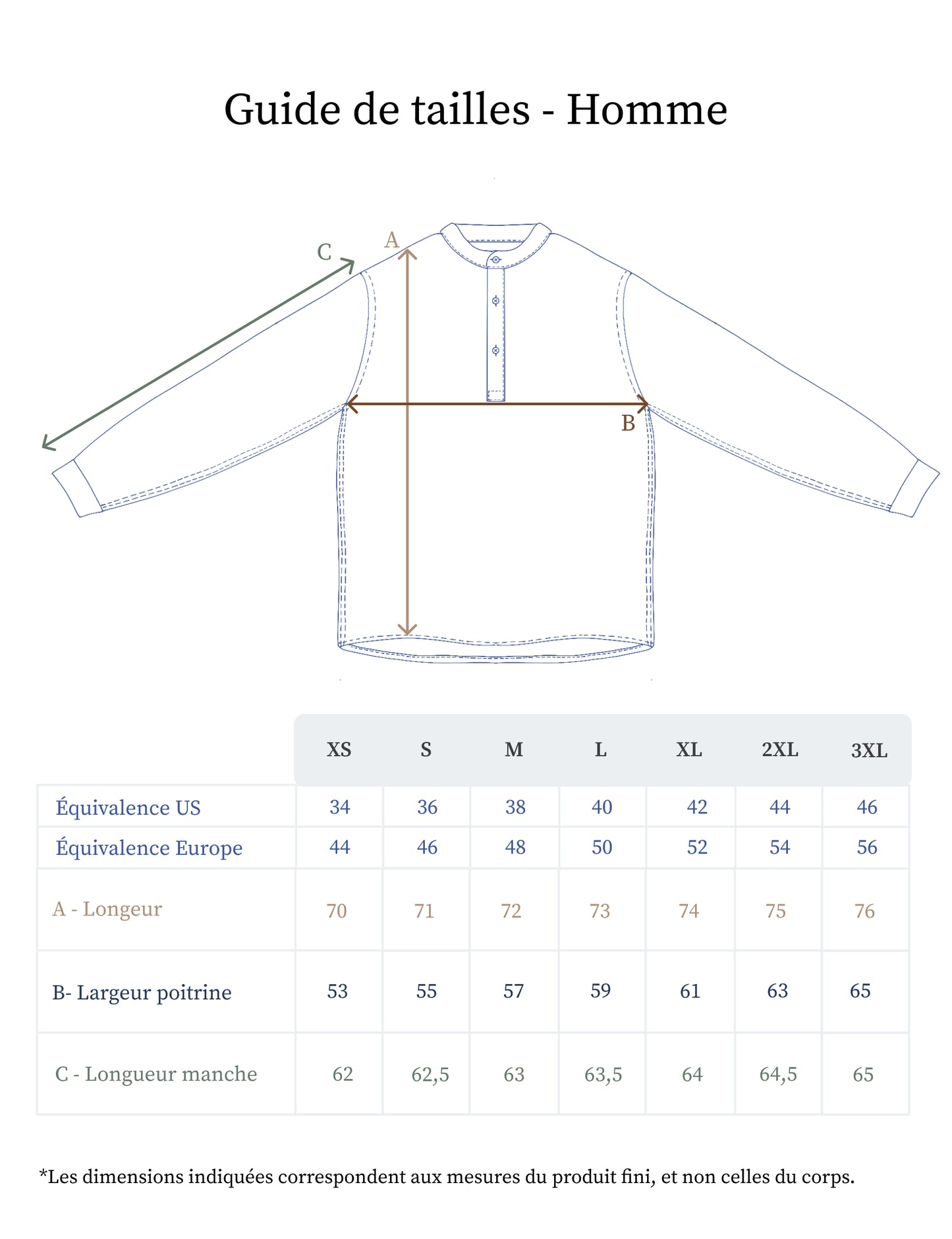 Guide des tailles de la tunique en lin pour homme - Made in France