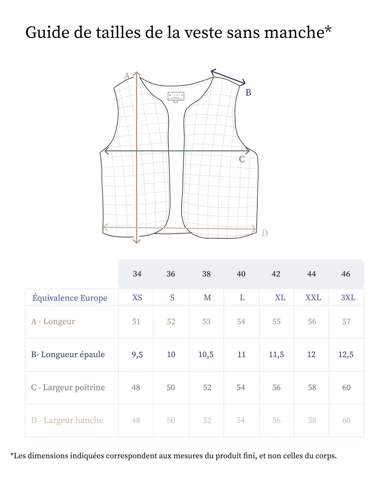 Guide des tailles de la veste sans manches femme - Made in France