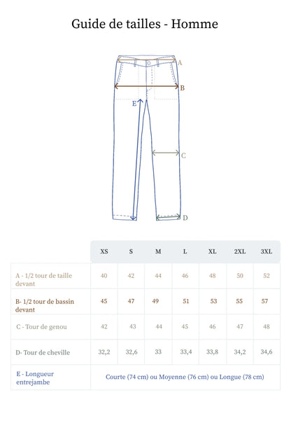 Guide des tailles chino homme