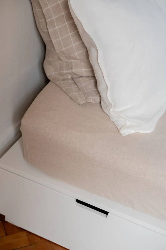 Drap housse en lin beige - cadeau de Noël linge de maison Made in France