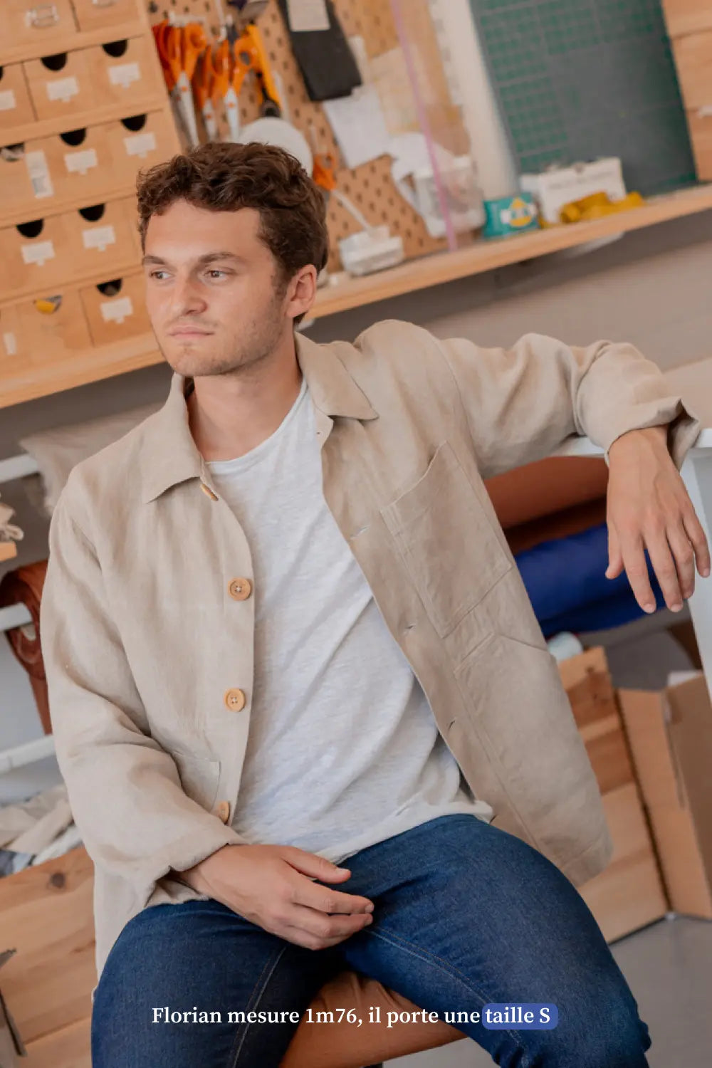 Veste de travail en lin beige - Made in France