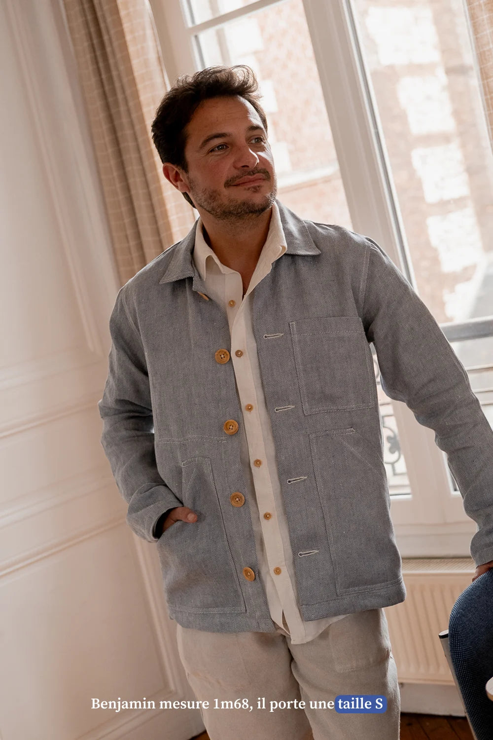 Veste de travail verte en lin homme – Mijuin - Main Image