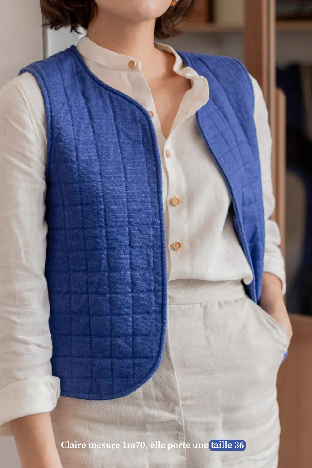 Veste sans manche en lin bleu - fabriquée en France