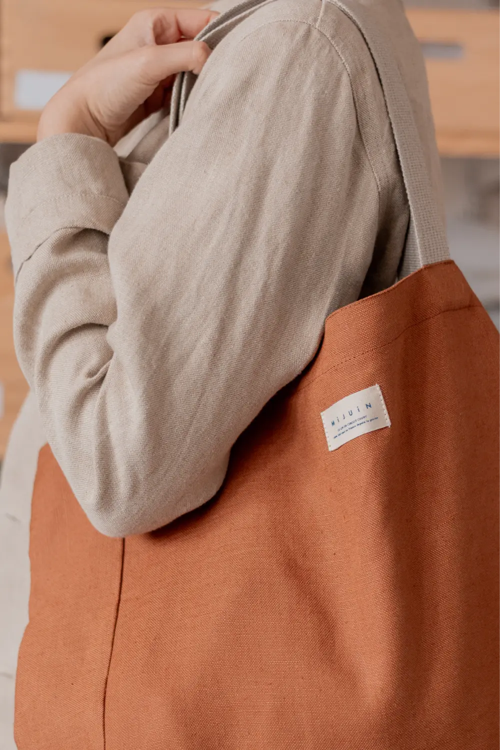 Sac cabas caramel en lin - cadeau Noël Made in France