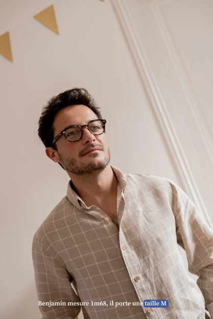 Chemise en lin homme col boutonné à carreaux - Made in France