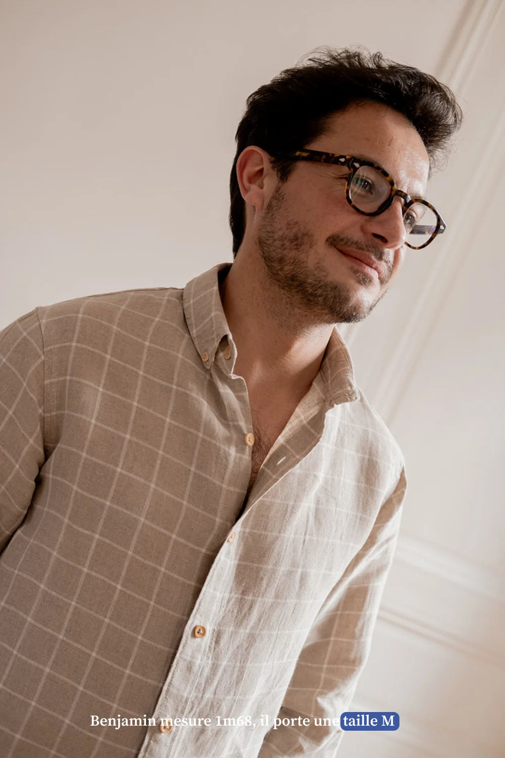 Chemise en lin homme col boutonné à carreaux - Made in France