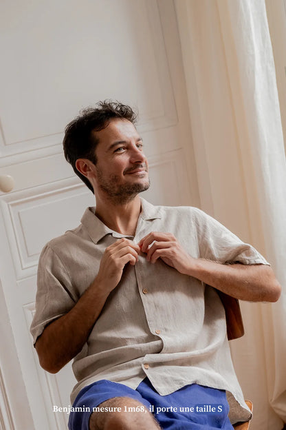 Chemise manches courtes beige en lin pour homme - vetement Made in France