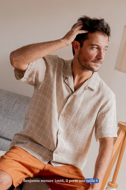 Chemise manches courtes à carreaux en lin pour homme - chemise en lin made in france