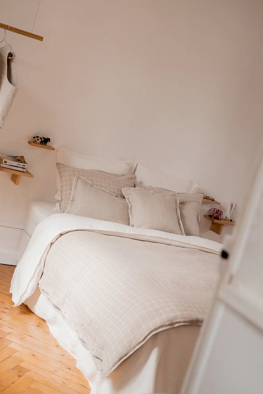 Edredon en lin carreaux beige - linge de lit en lin made in france