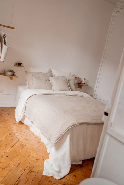 Edredon en lin carreaux beige - linge de lit en lin made in france
