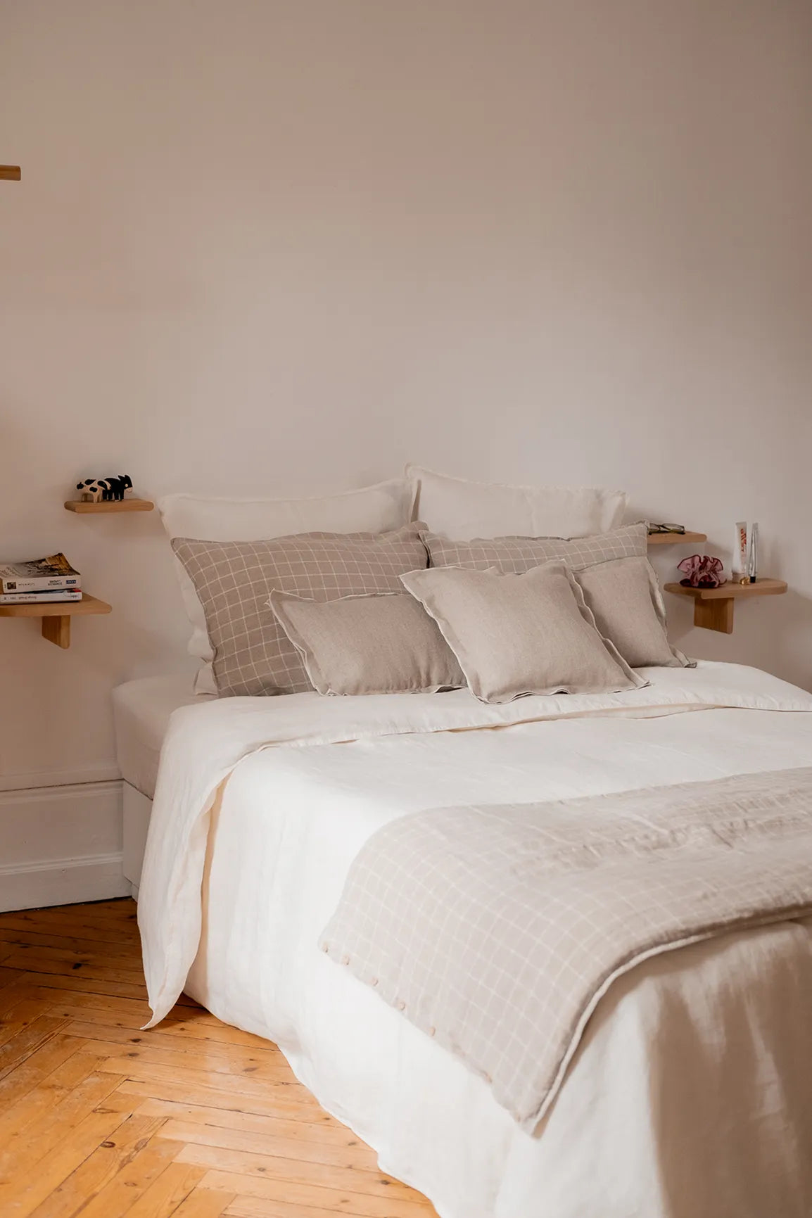 Edredon en lin carreaux beige - linge de lit en lin made in france