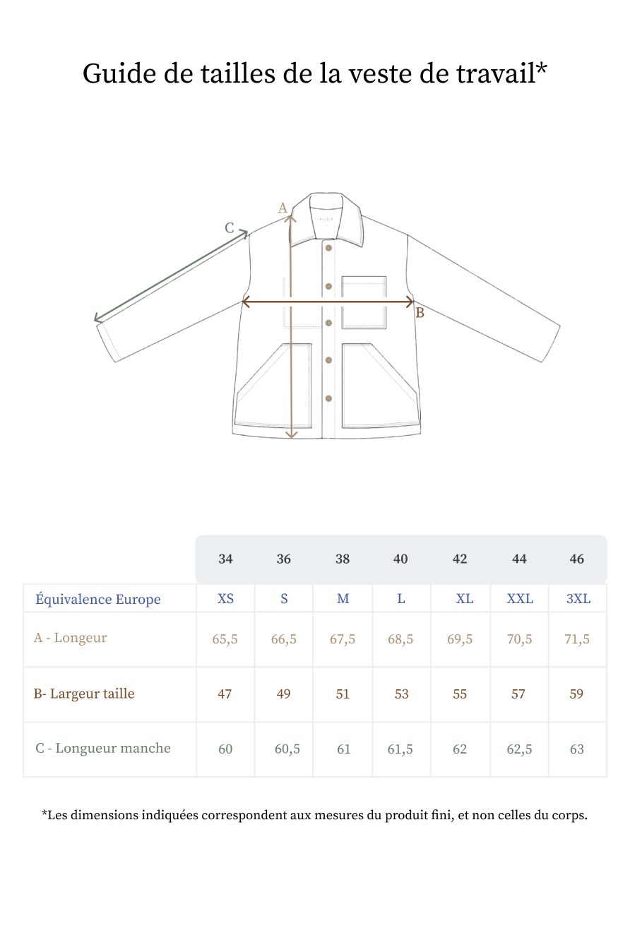 Guide des tailles de la veste de travail en lin pour femme - Made in France