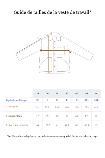 Guide des tailles de la veste de travail en lin pour femme - Made in France