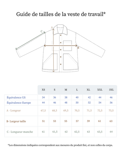 Guide des tailles de la veste de travail en lin pour homme - Made in France