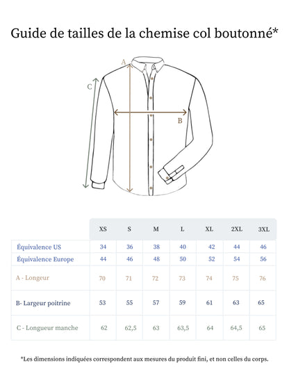 Guide des tailles de la chemise en lin pour homme col boutonné - Made in France