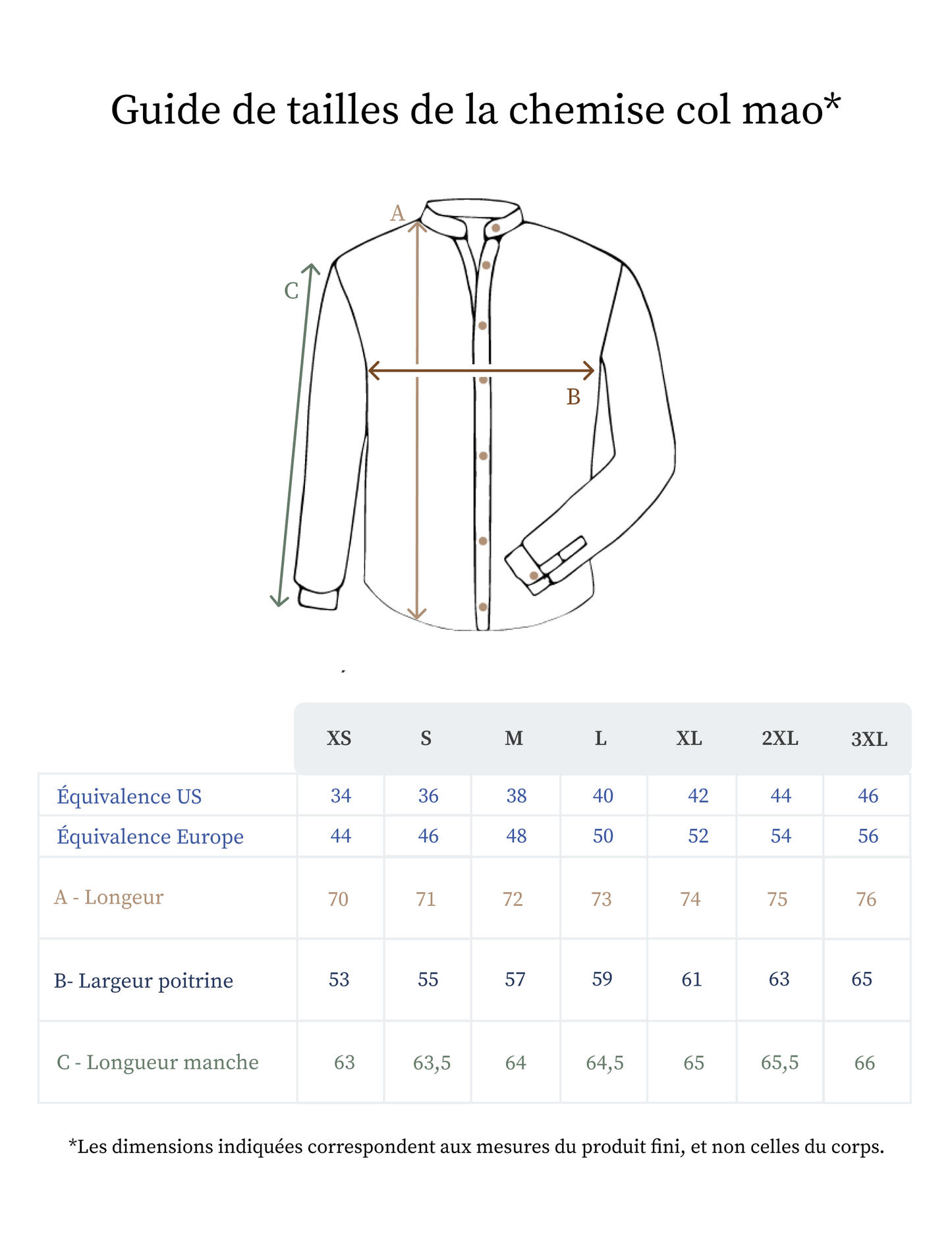 Guide des tailles de la chemise en lin pour homme col mao - Made in France