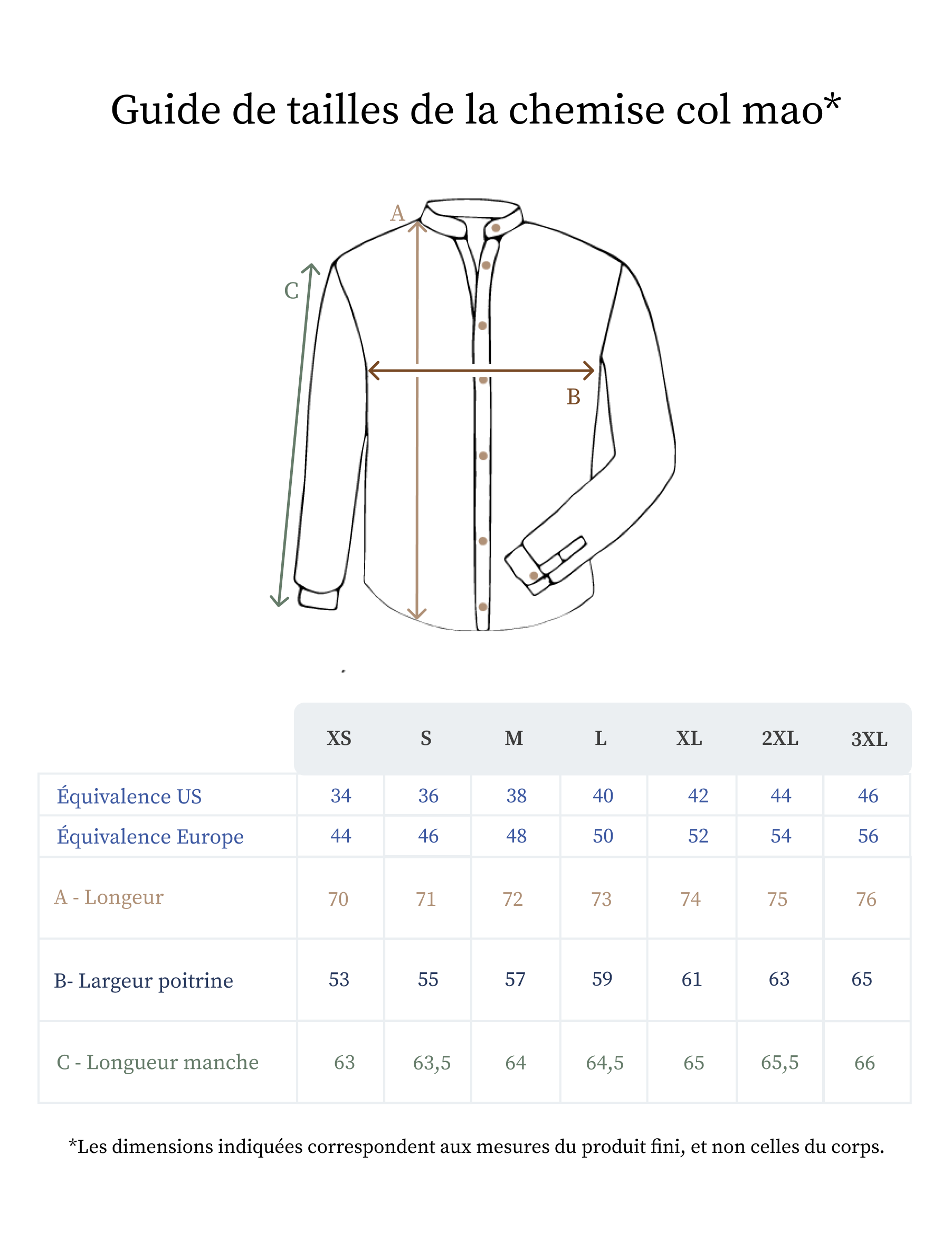 Guide des tailles de la chemise en lin pour homme col mao - Made in France