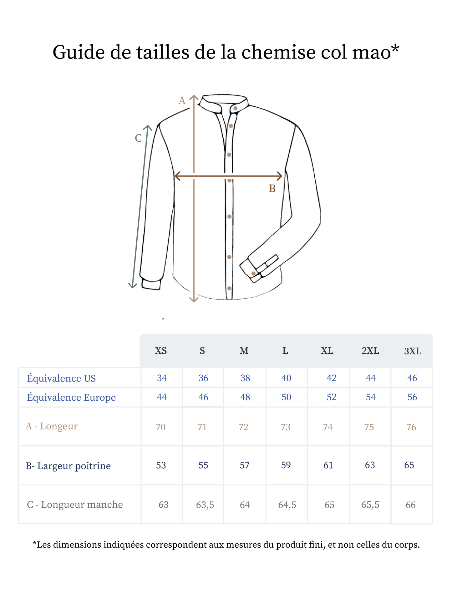 Guide des tailles de la chemise en lin pour homme