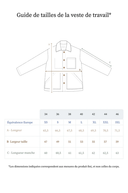 Guide des tailles de la veste de travail en lin femme