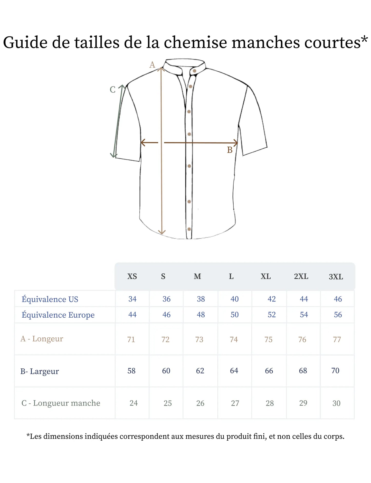 Guide des tailles de la chemise en lin manches courtes - made in france