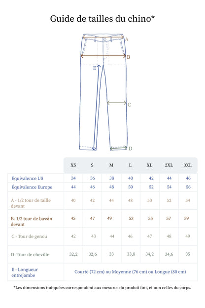Guide des tailles du chino en lin pouur homme - Made in France