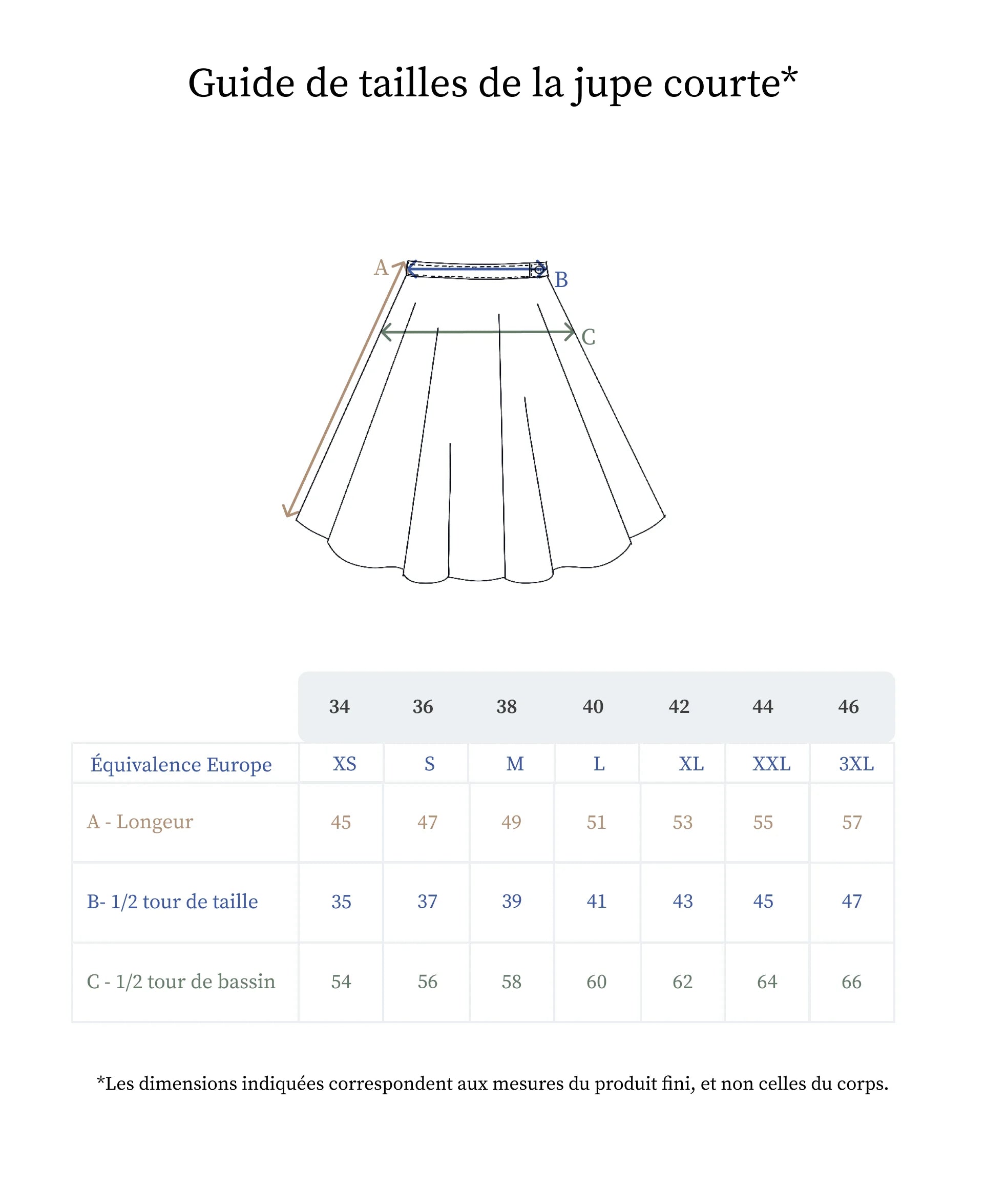 Guide des tailles jupe courte en lin beige - Made in France