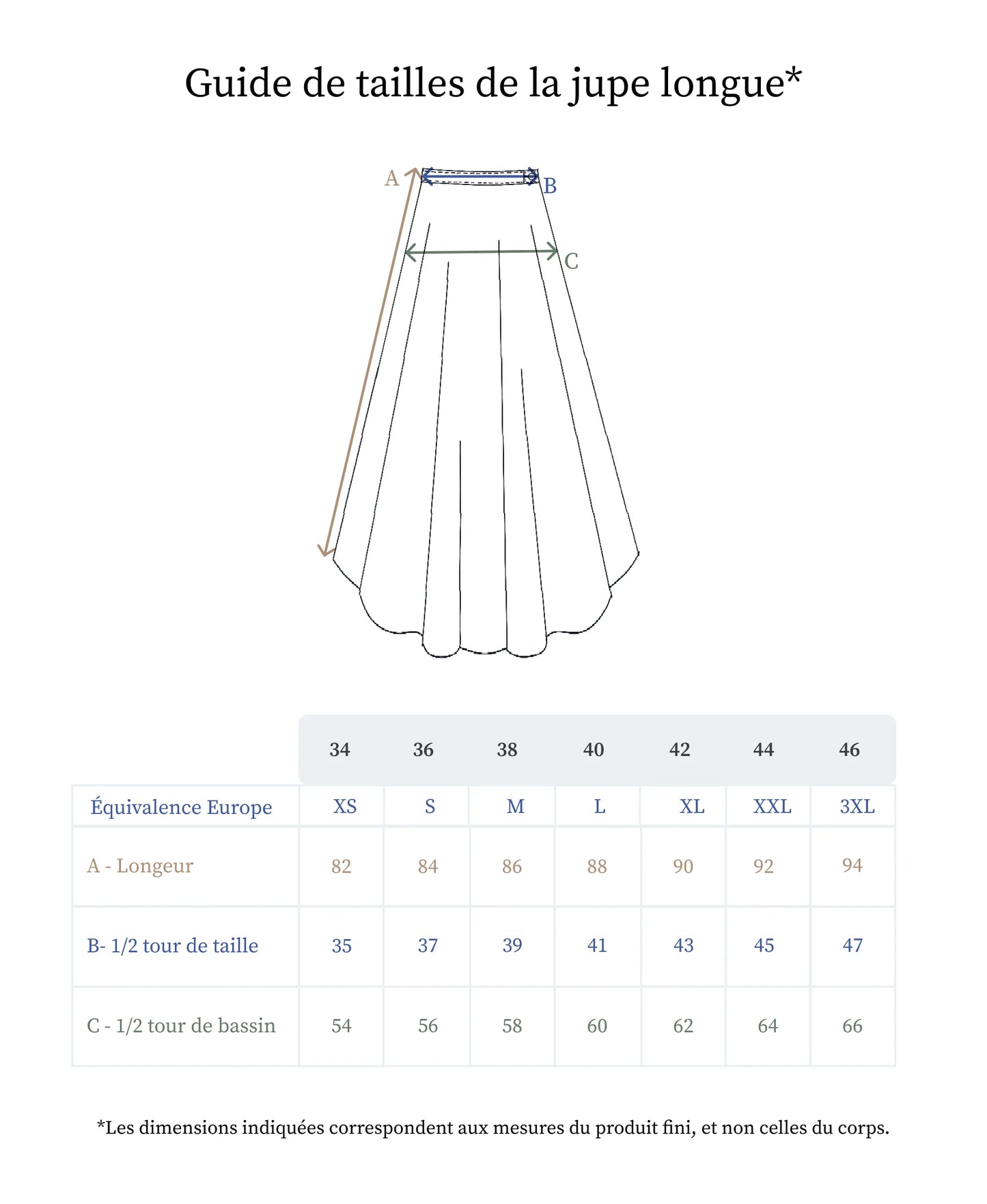 Guide des tailles de la jupe en lin longue - Made in France