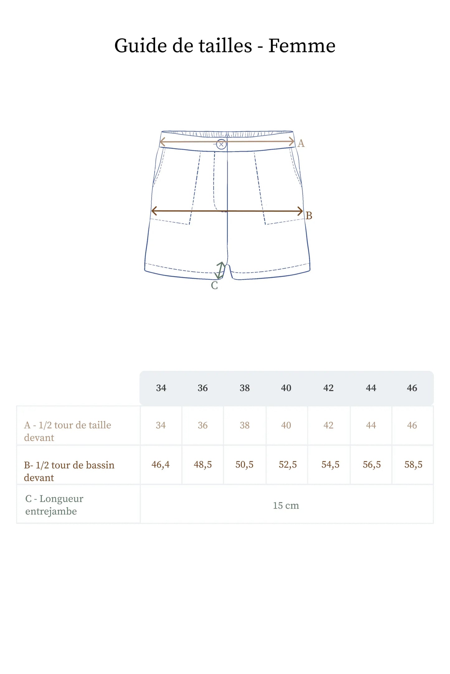 Guide des tailles shorts en lin Femme