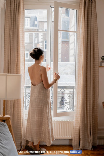 Robe D'été Femme MiM - Bretelles - Lin Et Viscose - Beige à Rayures Roses - Taille 42 - Occasion Très Bon état