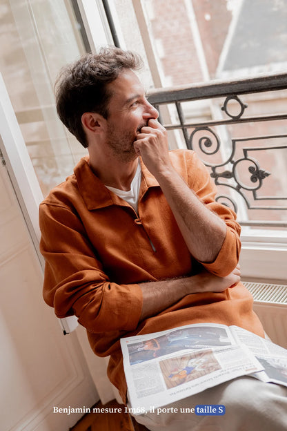 Vareuse en lin pour homme couleur caramel - vetement Made in France