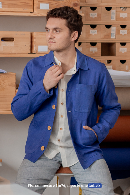 Veste de travail bleue en lin homme – Mijuin
