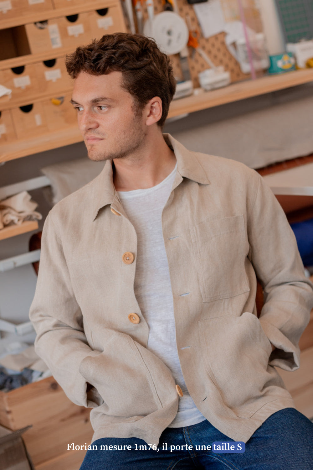 Veste de travail en lin beige - Made in France