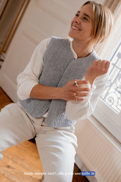 Veste sans manches bleu en lin pour femme - vêtement Made in France