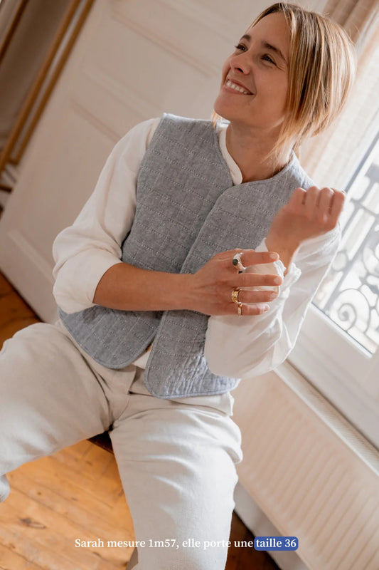 Veste sans manches bleu en lin pour femme - vêtement Made in France