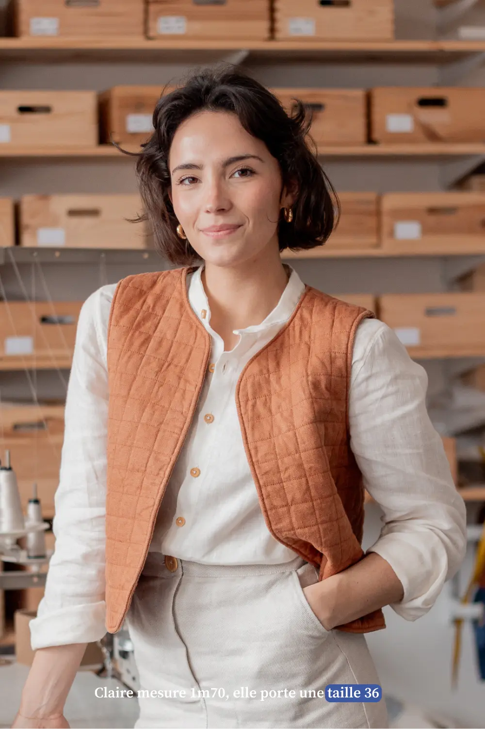 Veste sans manche en lin caramel - Made in France