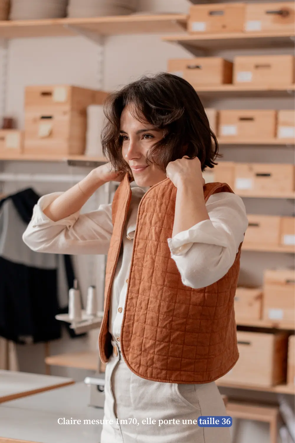 Veste sans manche en lin caramel - Made in France