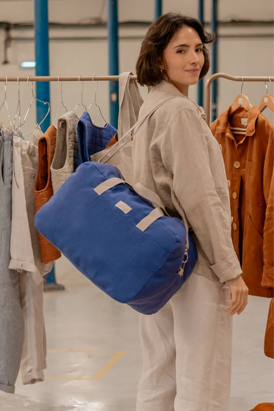 Sac De Voyage Weekender En Lin Ardoise – Lulu Dharma – Bandoulière Réglable – Uni – Taille Moyenne